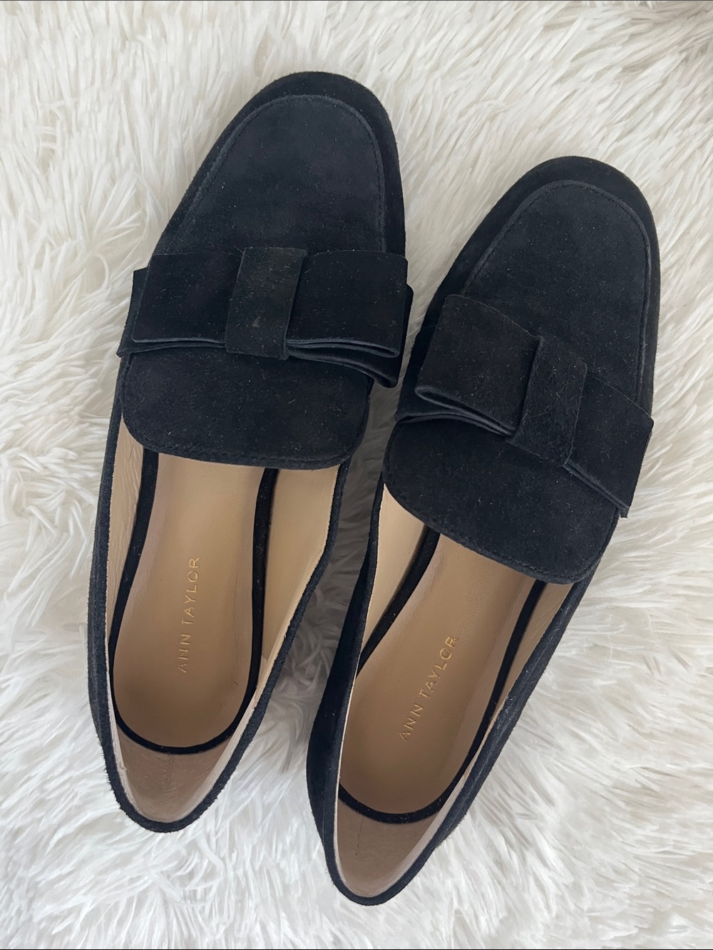 Ann Taylor Black Suede Bow Loafers Slip-On